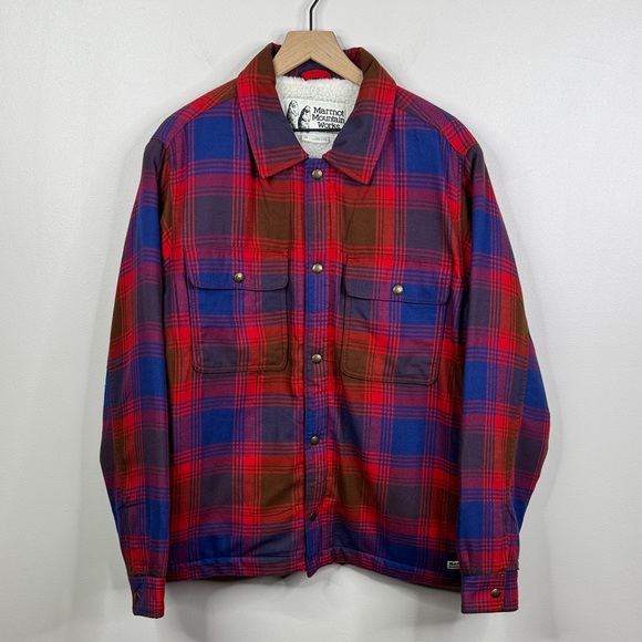 Marmot Ridgefield Sherpa Lined Flannel Shirt Jacket Men's L Red Blue Shacket NWT